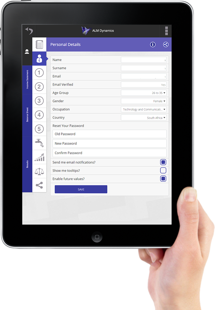Slide iPad image with Personal Details page of App